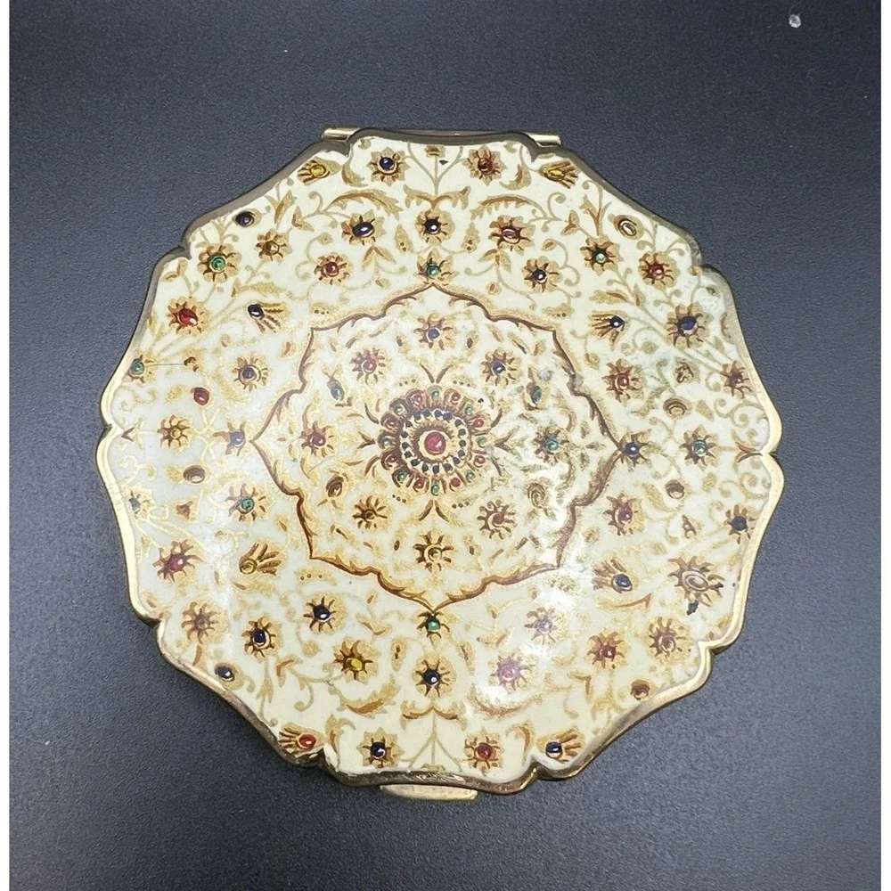 Stratton 1950's Powder Compact Mirror with Puff England Cream & Gold-toned